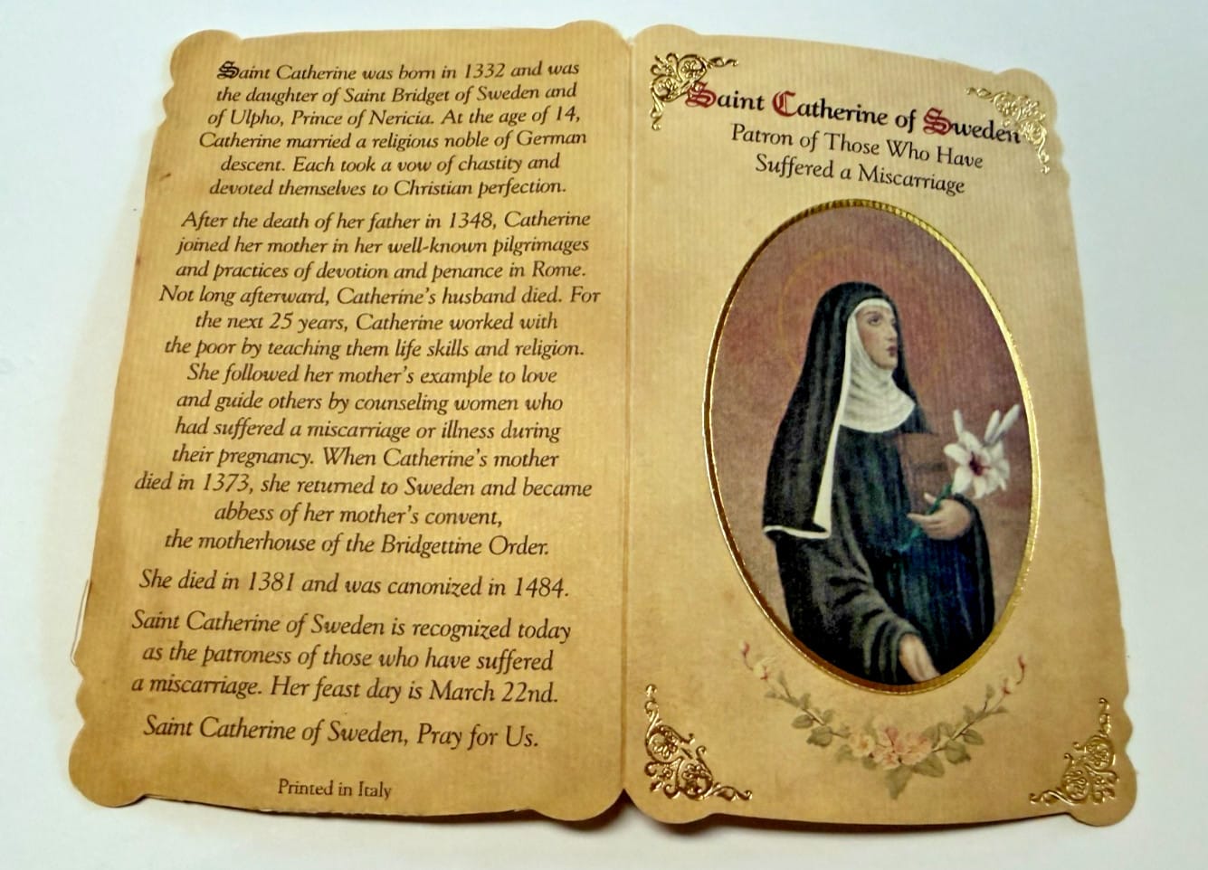 Saint Catherine of Sweden Patron of Miscarriage Card with Medal, New #PCM-34