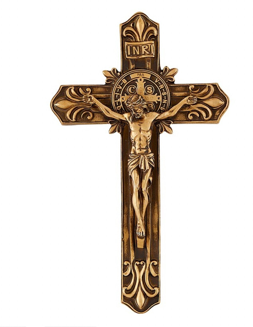Saint Benedict antique gold 9-inch crucifix by Bob and Penny Lord, featuring detailed Christian cross and religious symbolism.
