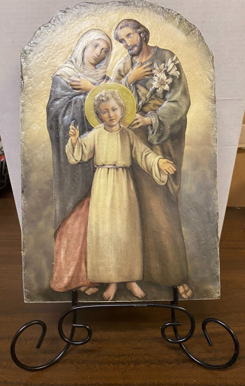 Holy Family Arched Tile Plaque with metal stand, New #AB-189