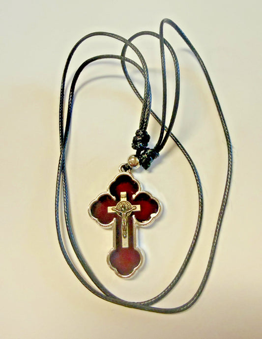 Saint Benedict Dark Red Budded Crucifix Cord Necklace, New  #Gftshp-153 - Journeys of Faith