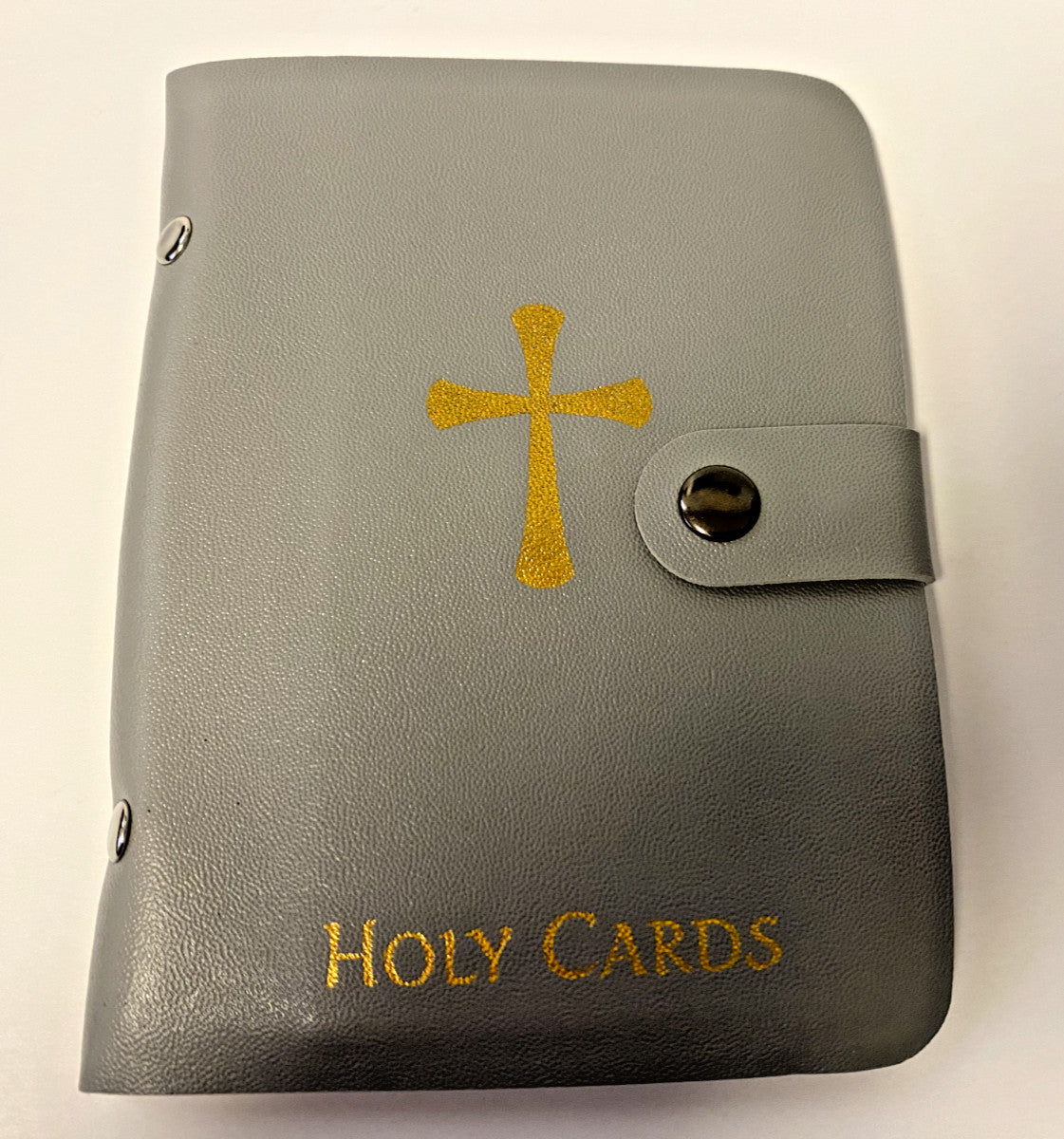Gray 5.25-inch Holy Card Holder booklet by Bob and Penny Lord, designed for storing Christian holy cards with a textured cover.