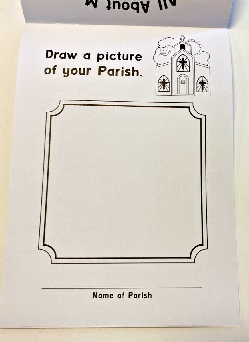 Children's Christian activity book by Journeys of Faith featuring mini saints collectibles and colorful religious illustrations.