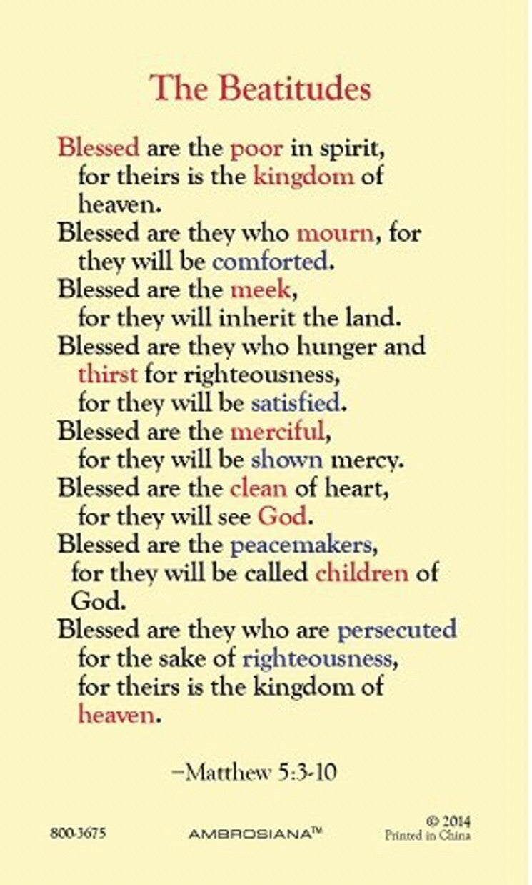Laminated "The Beatitudes" Holy Card featuring an image of Jesus, from Bob and Penny Lord Journeys of Faith, for Christian spirituality.
