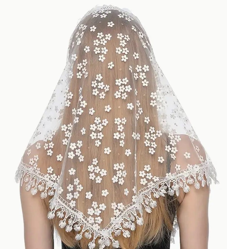 Women's white lace church veil with gold accents, elegant accessory for religious or special occasions.