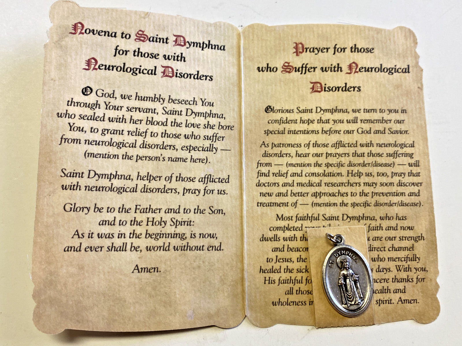 Saint Dymphna prayer and medal card for neurological disorders, religious collectible card with Christian imagery by Bob and Penny Lord
