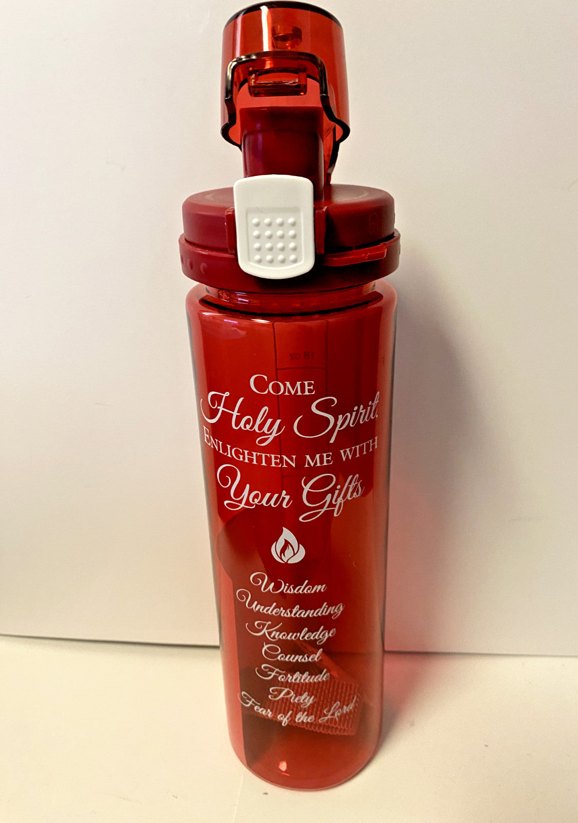 Bob and Penny Lord Confirmation "Come Holy Spirit" 24 oz. water bottle with religious design and spiritual message.