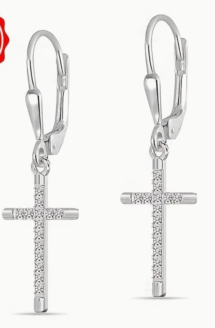 Cross Drop 1.29" Sterling Silver  Earrings with inlaid Zirconia. New #AB-383-R2 Unbranded Jewelry & Watches:Fashion Jewelry:Earrings