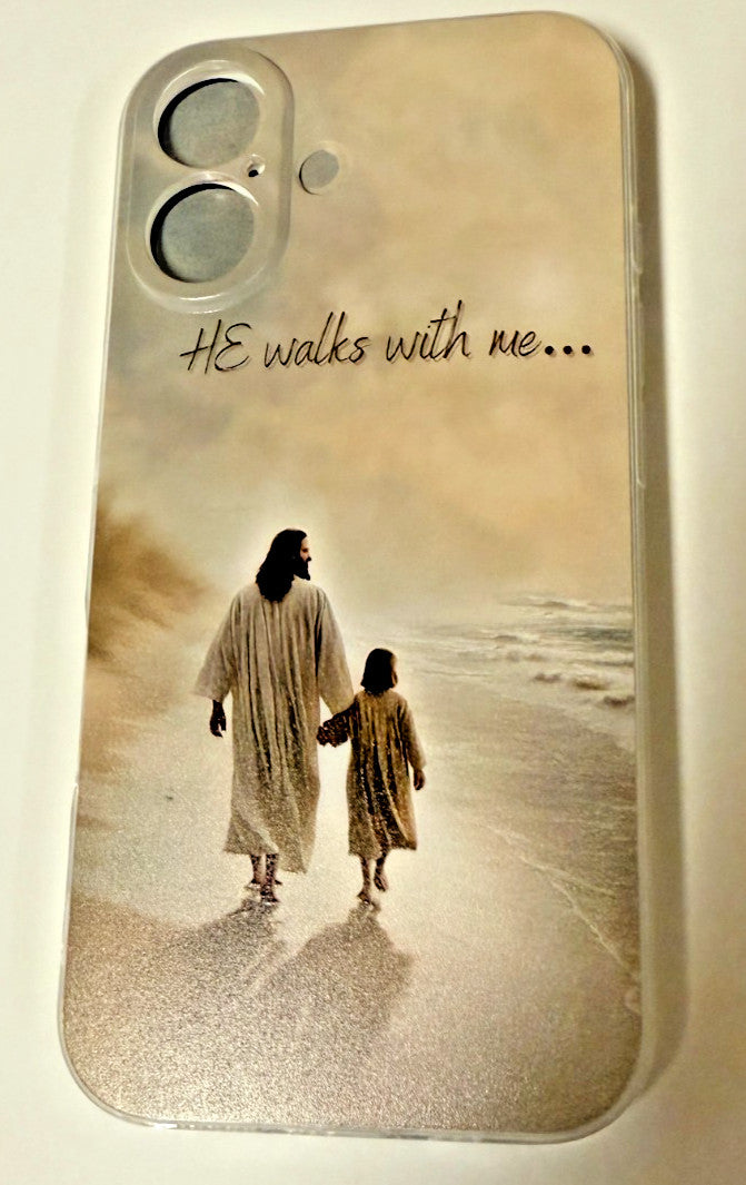 "He walks with me" Clear Cell Phone Case for IPhone 16, New #Gftshp-123 - Journeys of Faith