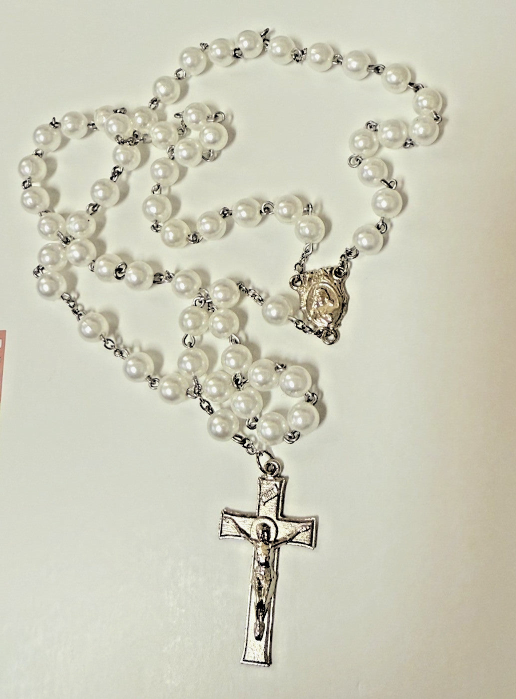 Faux White Pearl Rosary, with O. L. of Mount Carmel Medal, New #Gftshp-3