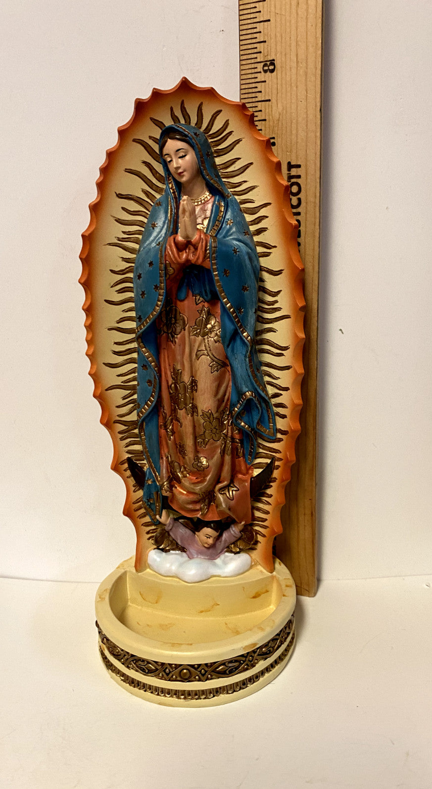 8-inch Our Lady of Guadalupe rosary holder statue by Bob and Penny Lord, depicting the Virgin Mary in religious collectible figure