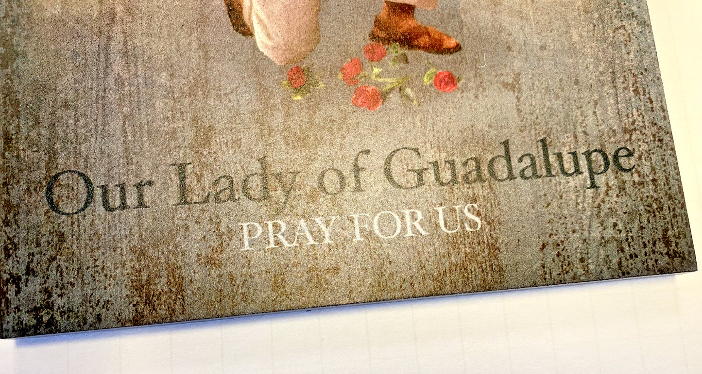 12-inch Our Lady of Guadalupe with Juan Diego wood plaque by Bob and Penny Lord, featuring religious Christian imagery and detailed craftsmanship.