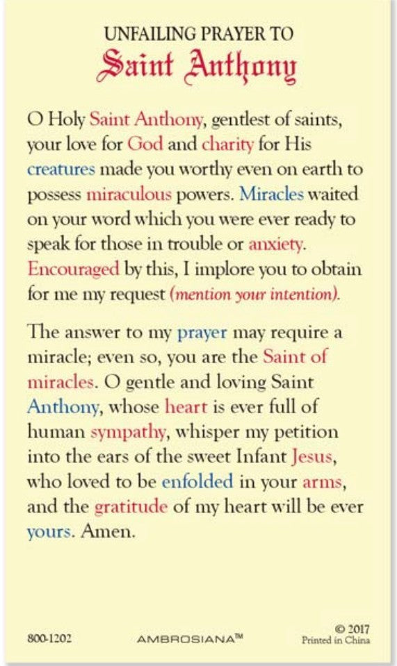 Laminated Saint Anthony of Padua "Unfailing Prayer" holy card with religious imagery and prayer text, produced by Bob and Penny Lord.