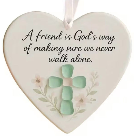 Heart-shaped wooden friend ornament with khaki ribbon, 3x3 inches, from Journeys of Faith holiday and seasonal collectible ornaments.