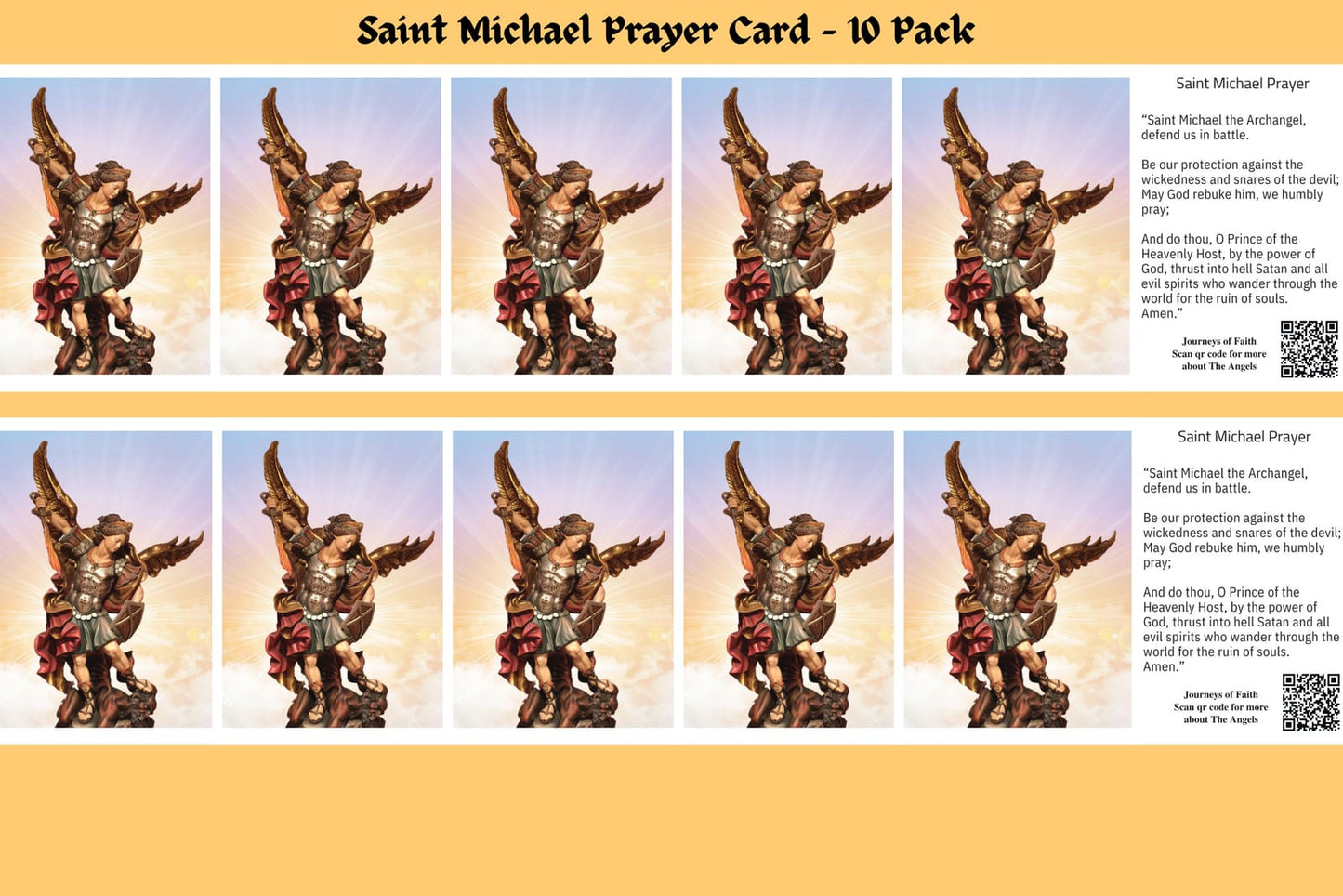 Saint Michael Prayer Card art print by Journeys of Faith featuring a detailed religious depiction of Saint Michael the Archangel.
