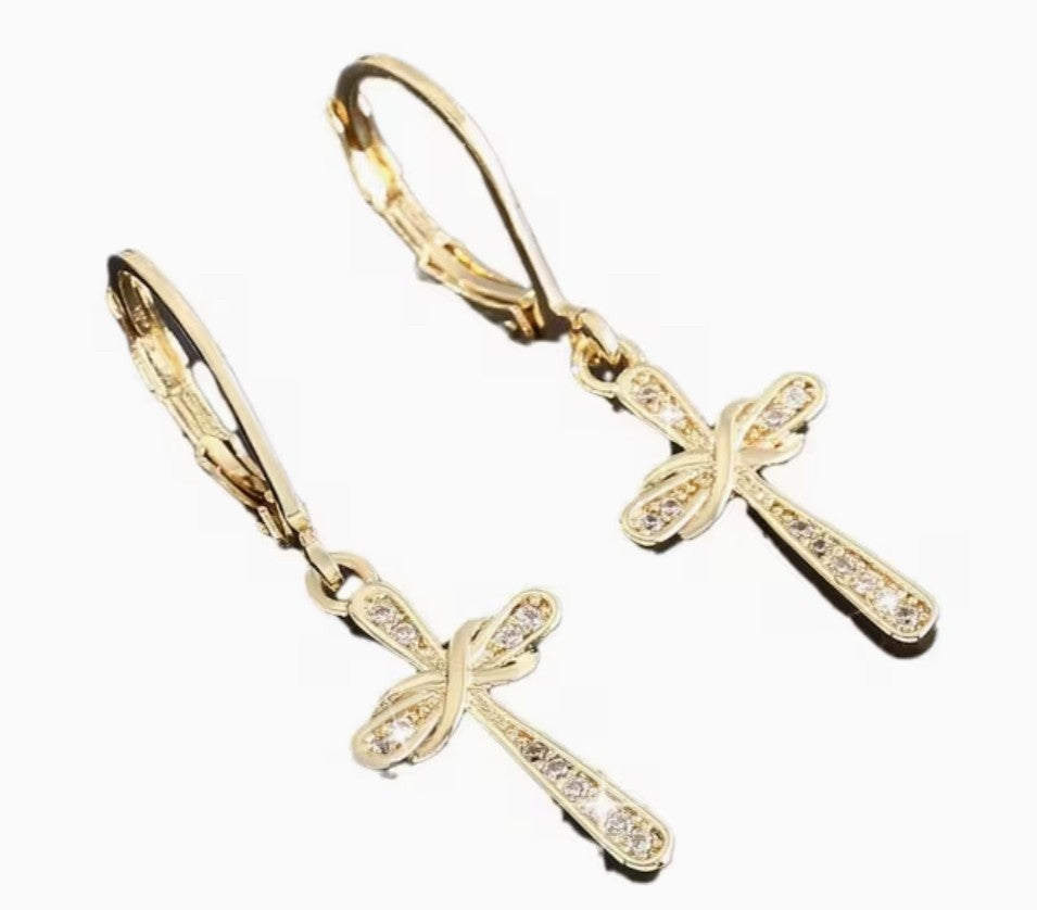 Cross 1.25"  .925 Sterling Gold Drop Small Earrings, New #Gftshp-254