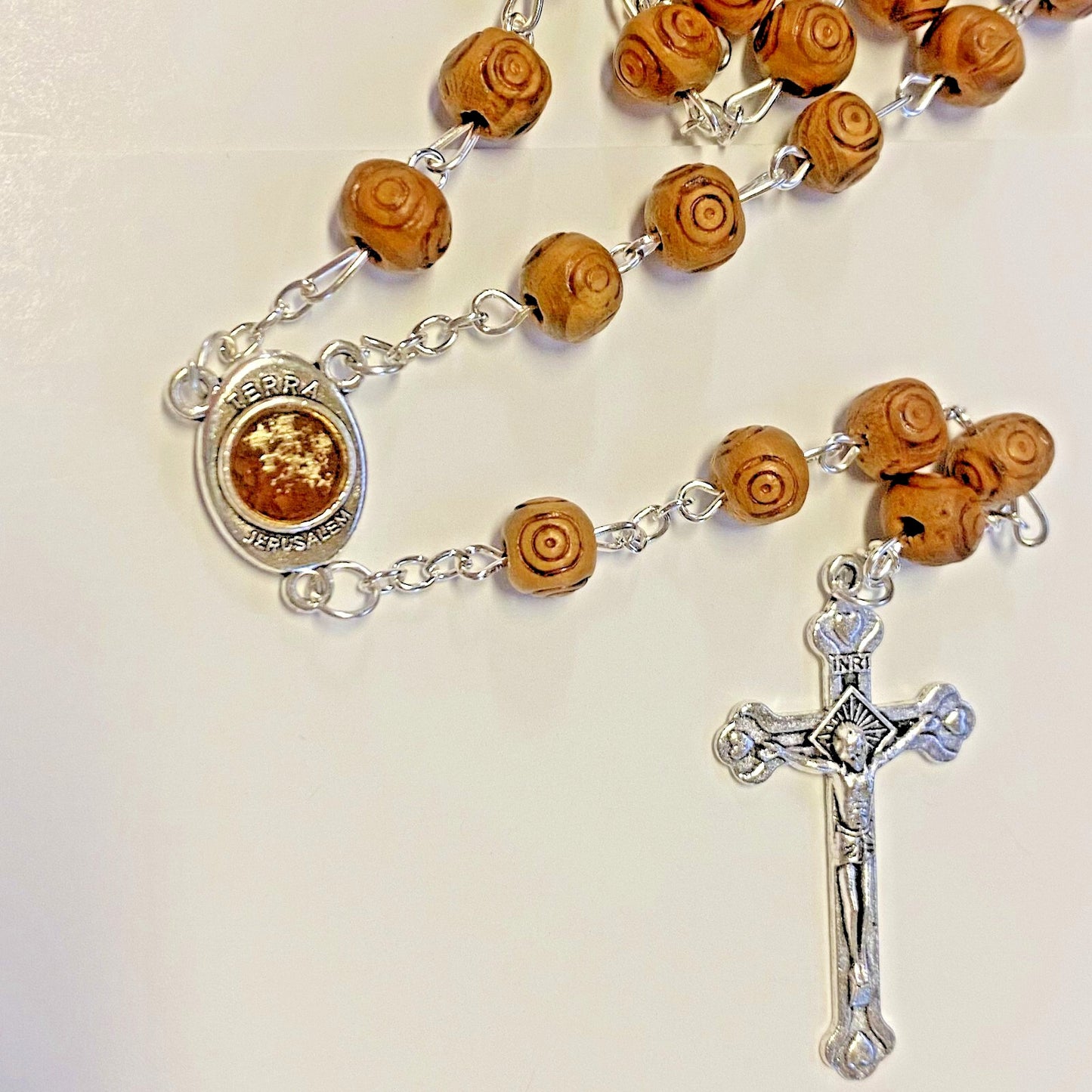 Olive Wood Rosary with Holy Soil , New from Jerusalem  #Gftshp-168