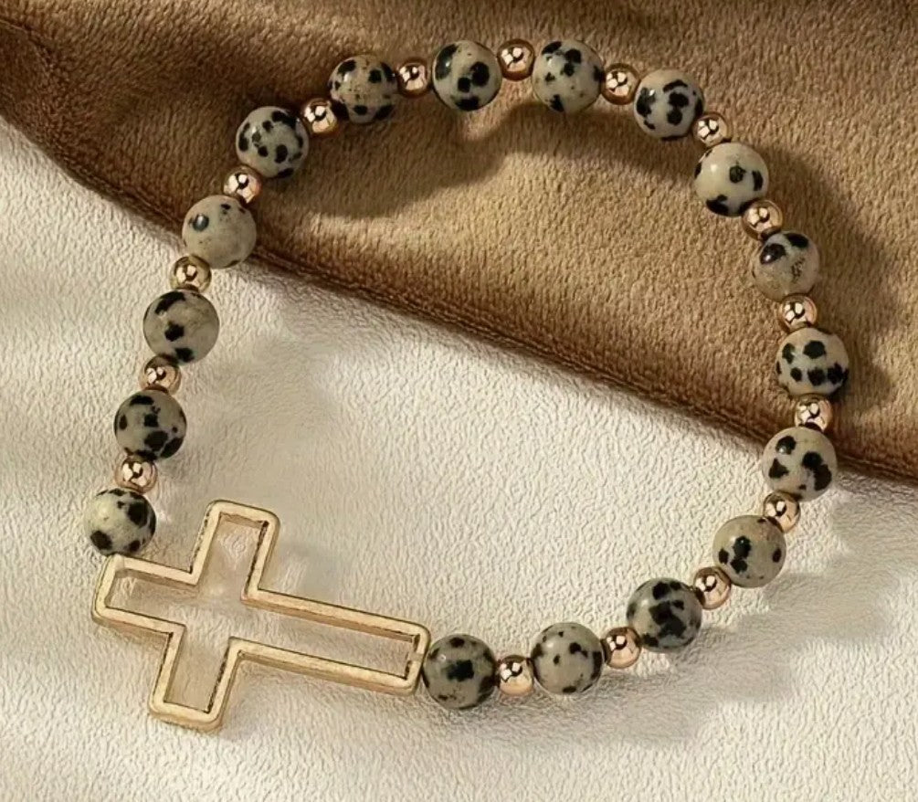 Natural Stone Beaded Bracelet, with Gold Cross, New #AB-386-R2