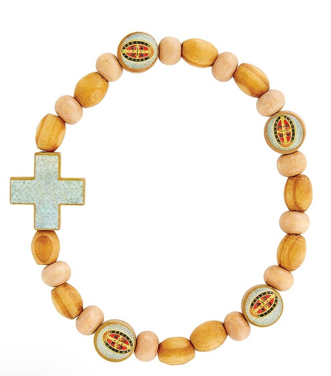 Saint Benedict Wood Bead Bracelet, New #MD-077