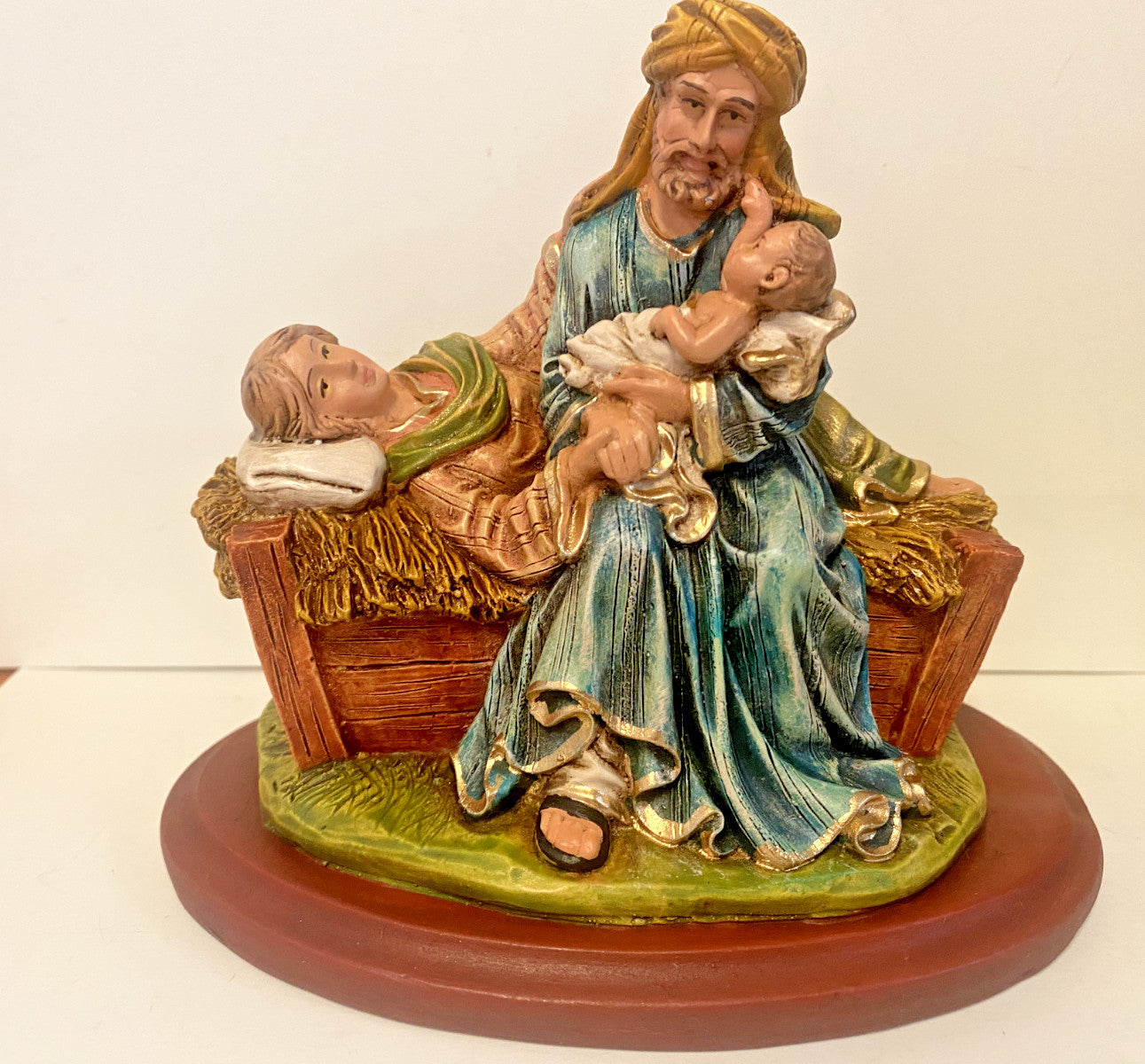 Hand-painted "Let Mum Rest" Holy Family statue by Bob and Penny Lord, 5.25-inch Christian religious collectible from Colombia.