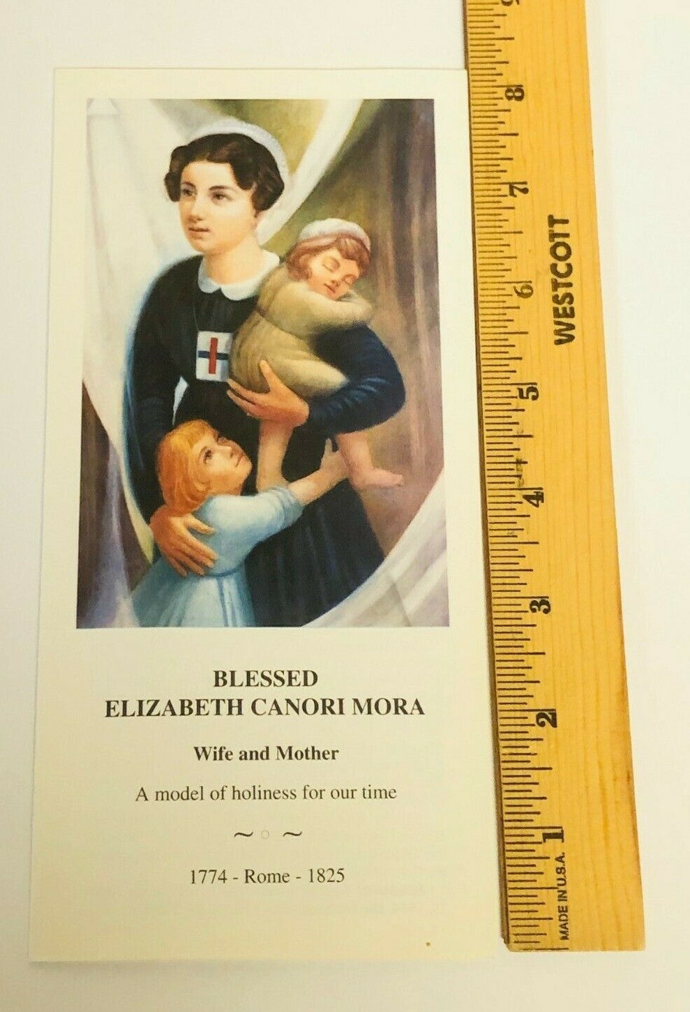 Blessed Elizabeth Canori Mora biography with prayer on Holy Card, religious collectible by Bob and Penny Lord from Italy.