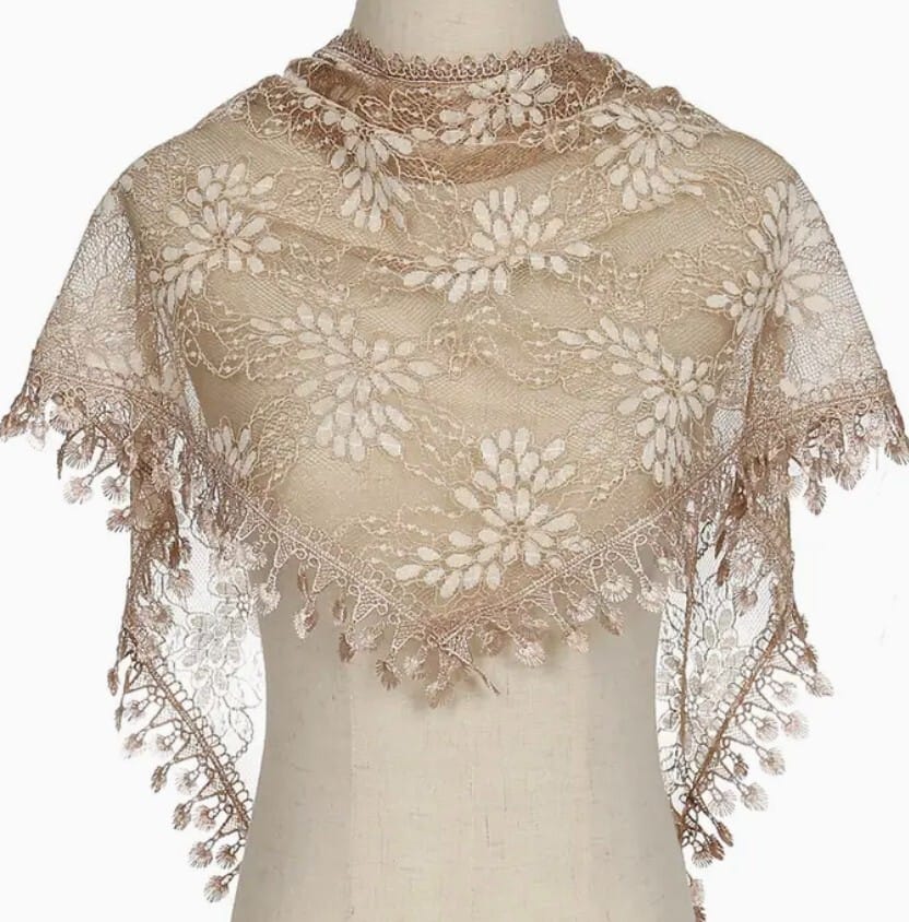 Women's light khaki lace church veil with delicate lace details, styled as a versatile accessory for special occasions.