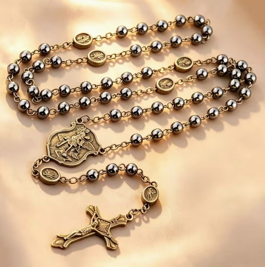 Saint Michael Natural Black Stone Rosary, New #Gftshp-238
