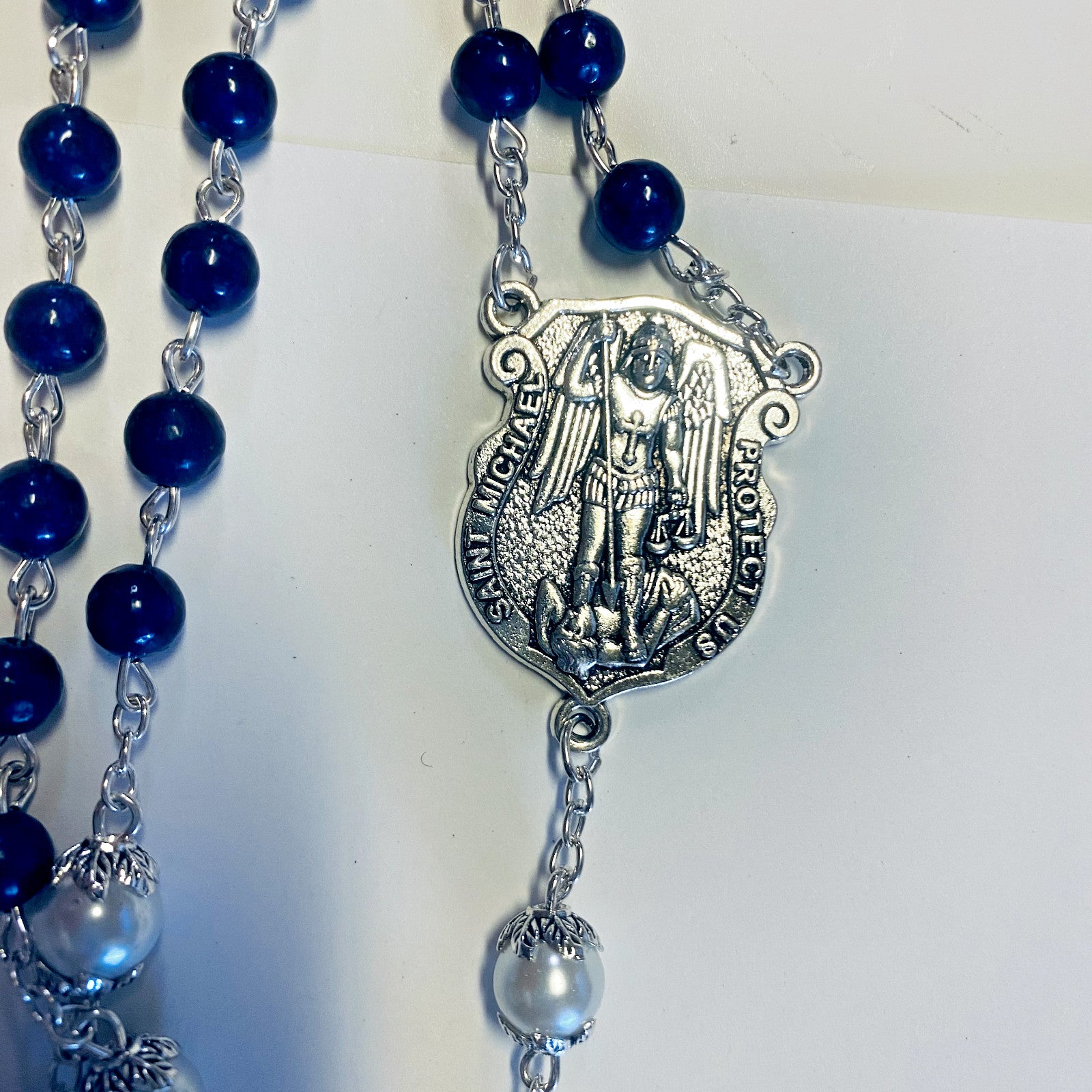St Michael/Spiritual Warrior Faux Lapis & Glass Pearl Beads Rosary, New  #AB-044 - Journeys of Faith