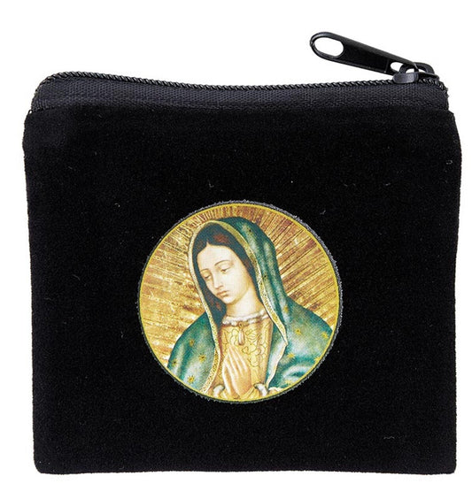 Our Lady of Guadalupe Small Black 3" Zip Rosary Pouch, New #AB-038