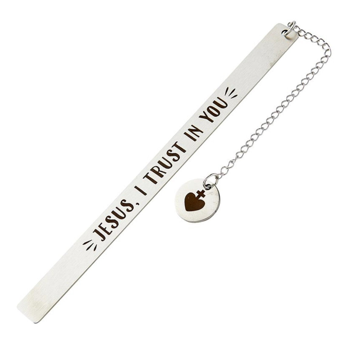 Metal Christian bookmark featuring "Jesus I Trust in You" inscription, collectible religious medal by Bob and Penny Lord.