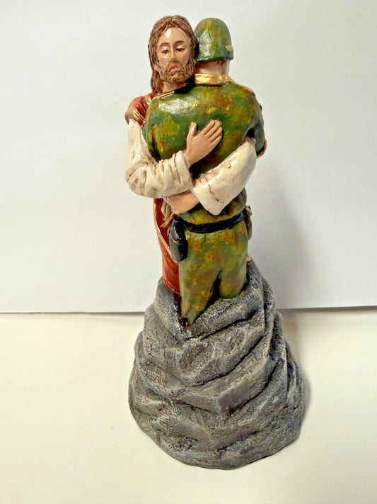 Jesus Hugging a Soldier, Hand Painted 9.25" Statue, New from Colombia #L022 - Journeys of Faith