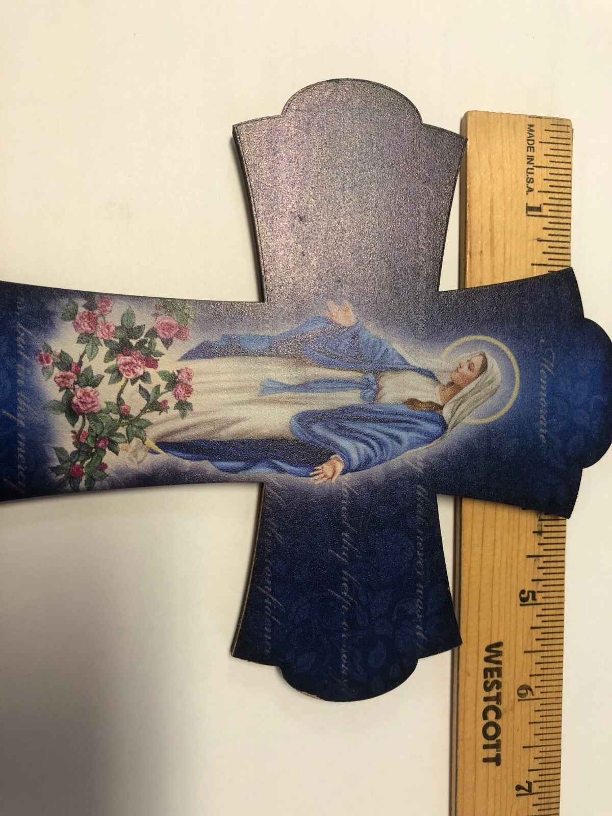 Laser-cut wooden Our Lady of Grace 8-inch cross set, featuring religious Christian design by Bob and Penny Lord.