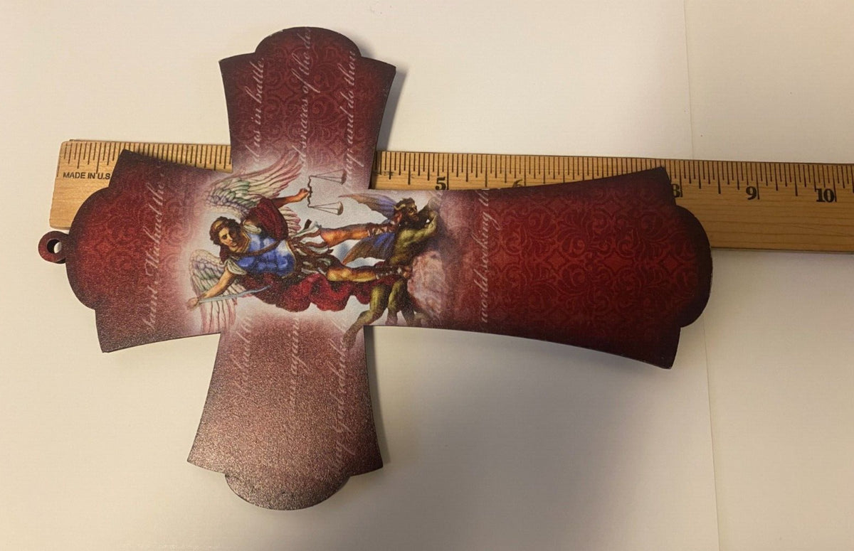 Saint Michael The Archangel 8" Laser Image on Thin Wood Cross, New #AB-128