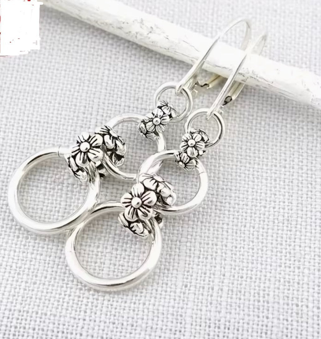 .925 Sterling Silver Retro Flower Hanging Earrings, New #Gftshp-209