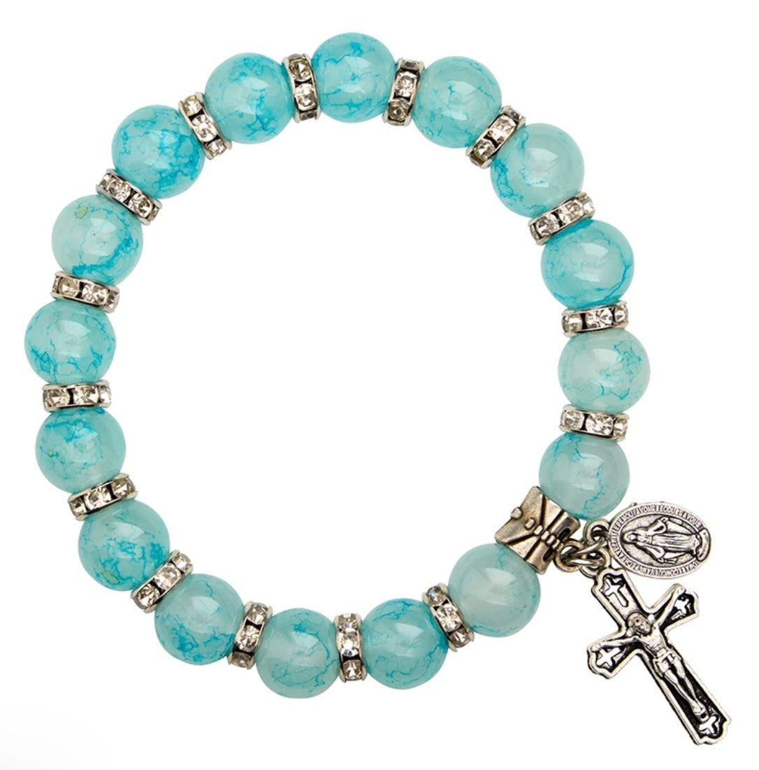 O L of the Miraculous  Medal Aqua Marbled Glass Bracelet, New #Gftshp-151 - Journeys of Faith