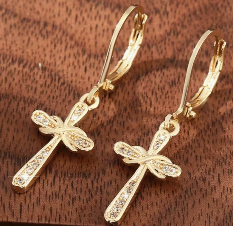 Cross 1.25"  .925 Sterling Gold Drop Small Earrings, New #Gftshp-254