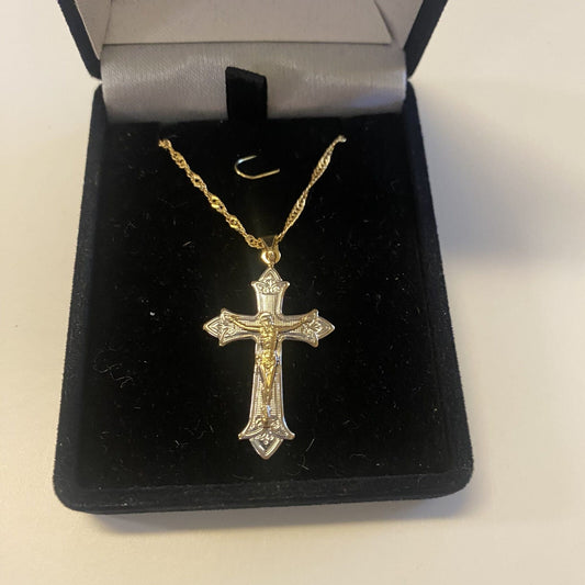 Gold & Silver 1.75" Crucifix, Brazilian Gold Plated 20" Necklace, New, Gftshp-15 Fashion Jewelry Jewelry & Watches:Fashion Jewelry:Necklaces & Pendants