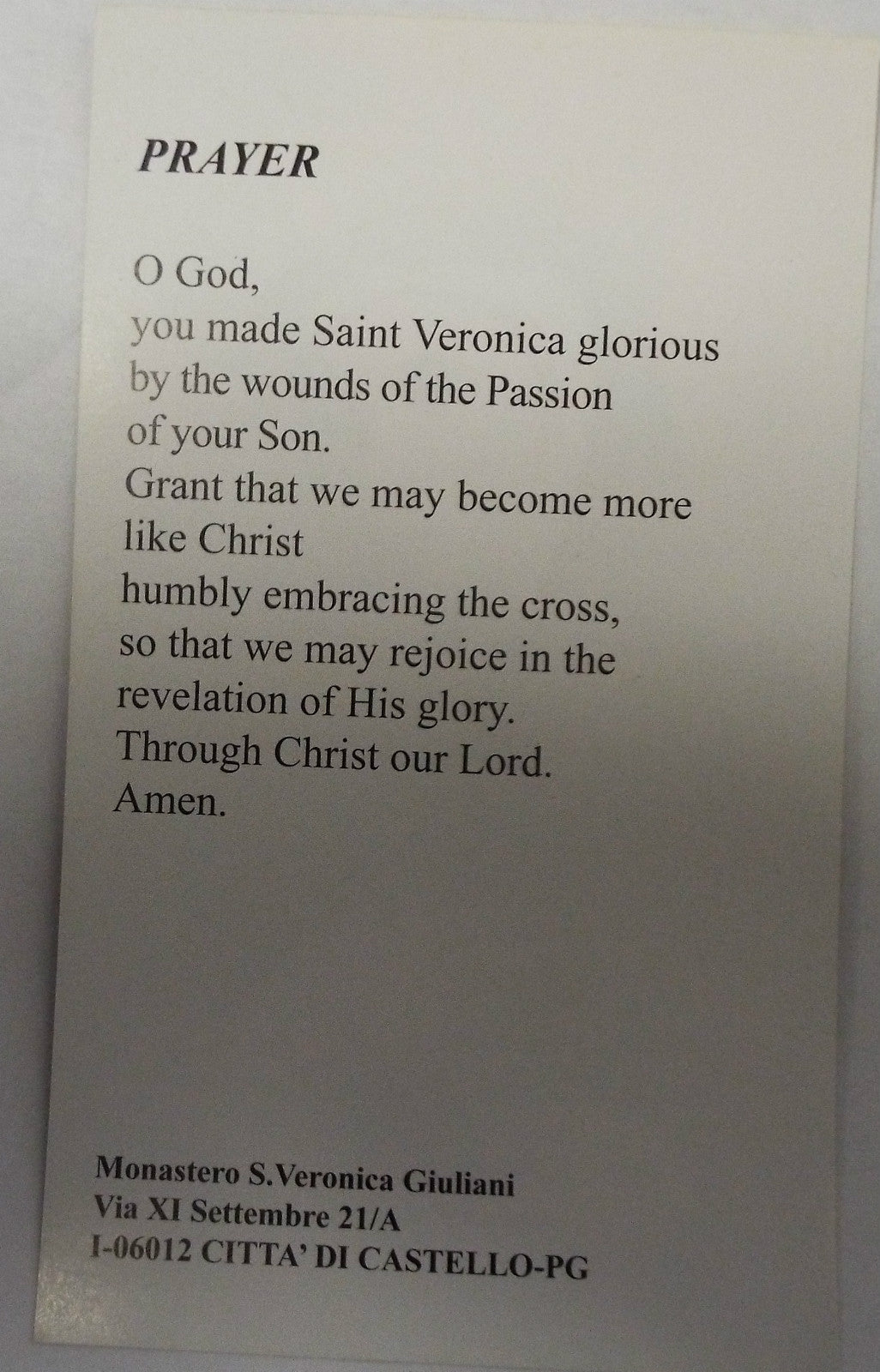 Saint Veronica Giuliani prayer card from Italy, Christian Holy Card collectible, featuring religious imagery and spiritual design.