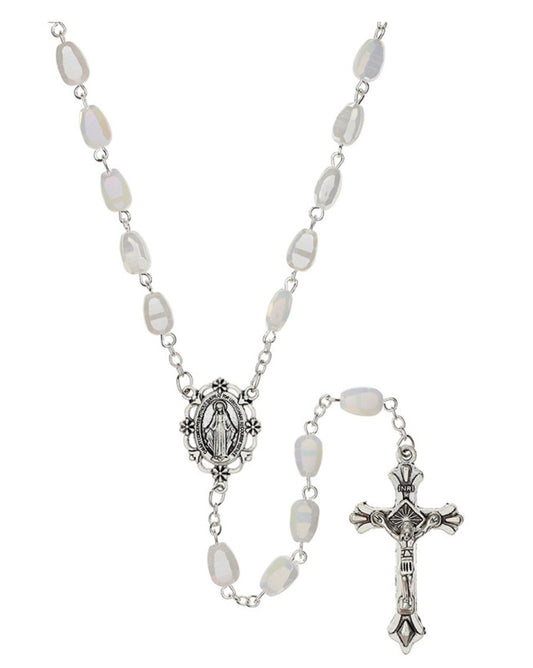 Iridescent White Crystal Miraculous Medal Rosary, New Gftshp-159