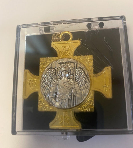 Saint Michael Archangel iron cross pendant in gold and silver tones, featuring detailed religious art by Bob and Penny Lord.