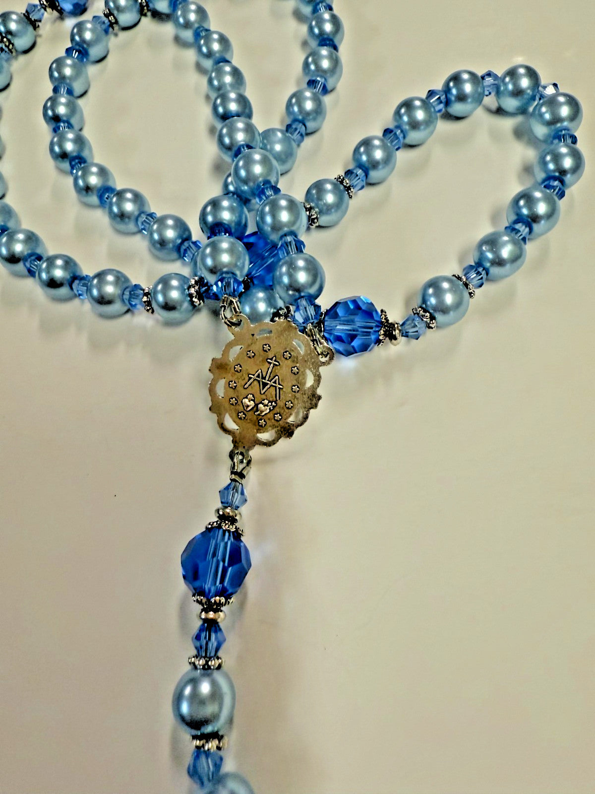 Blue Rosary with Faux  Glass Pearl and  Faceted Crystal Beads, New #Gftshp-53 - Journeys of Faith