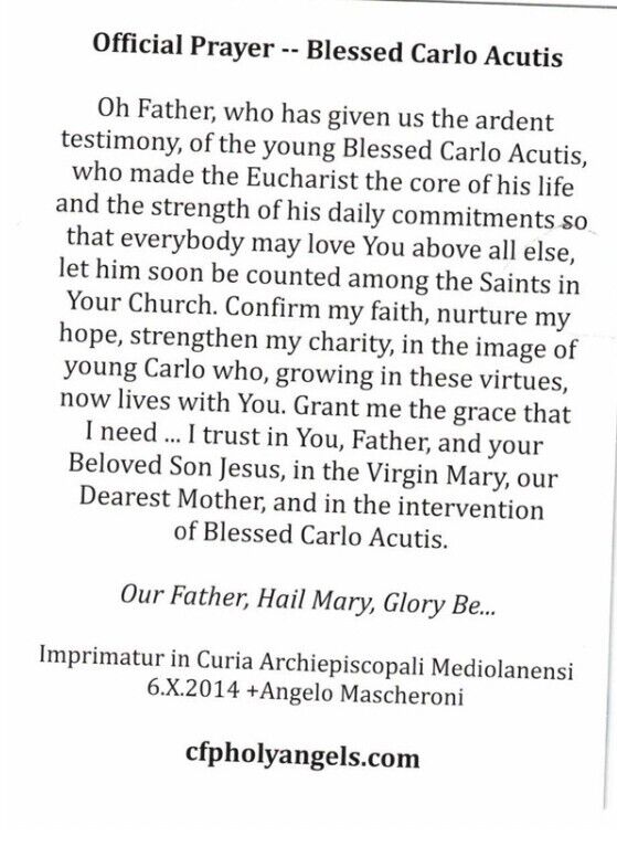 Blessed Carlo Acutis,Apostle of the Eucharist Prayer Card, New