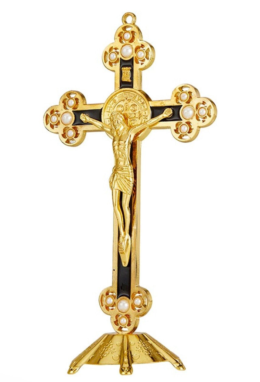 Saint Benedict Black & Gold with Pearls 8.75" Standing Crucifix, New #AB-241 - Journeys of Faith