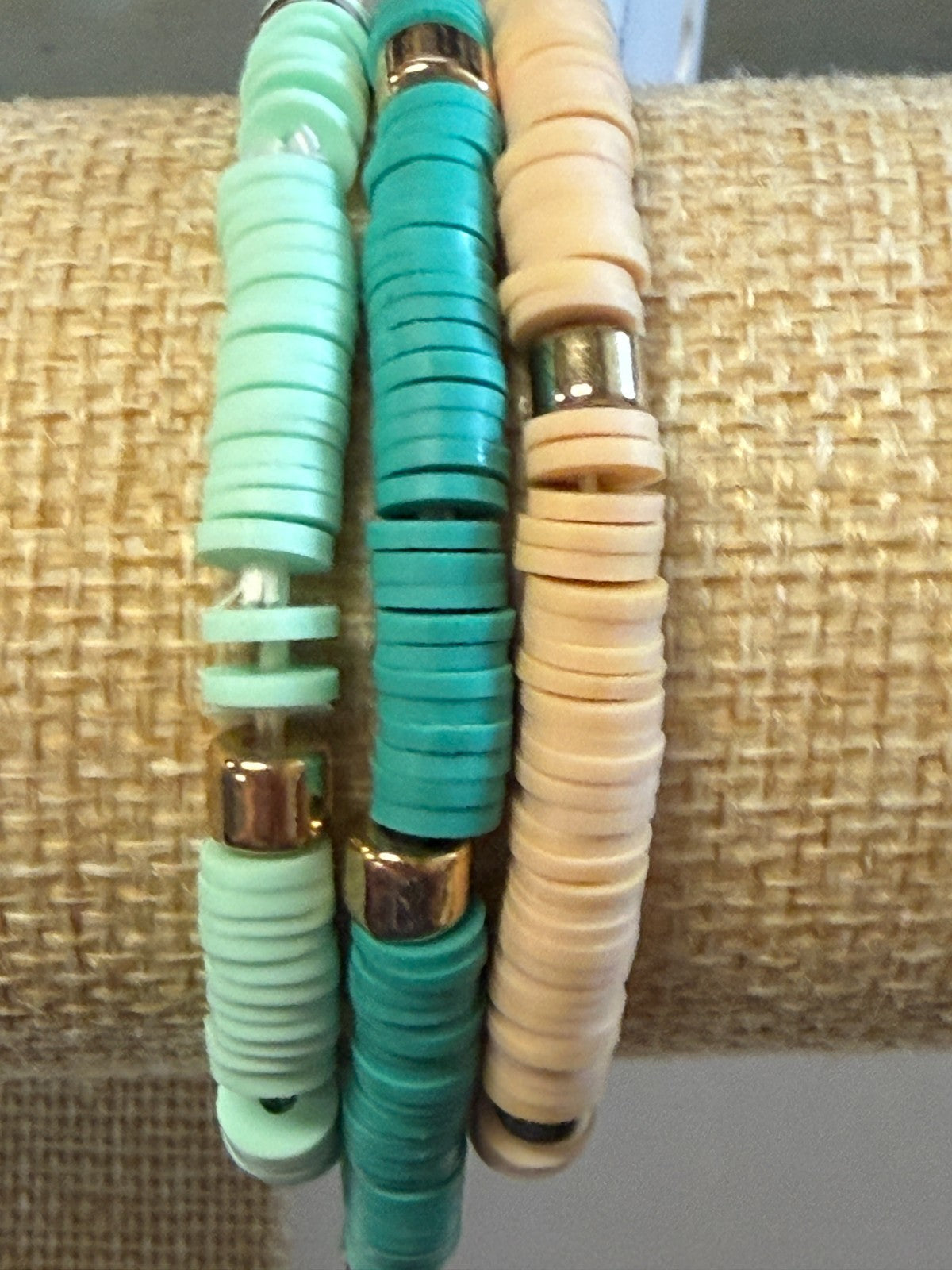 Pomchies Mint,Beige & Turquoise Clay Bead Bracelet, New #Gftshp-214