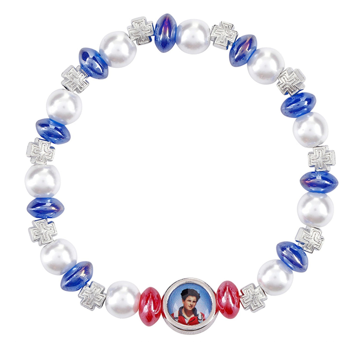 St Carlo Acutis, Imitation Pearl  7.5" Stretchable Bracelet, New # PC-117 - Journeys of Faith