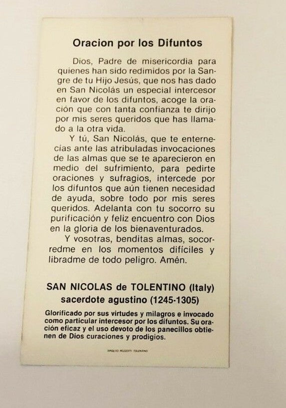Holy card depicting San Nicolás de Tolentino for the prayer for the deceased, religious Catholic collectible by Bob and Penny Lord