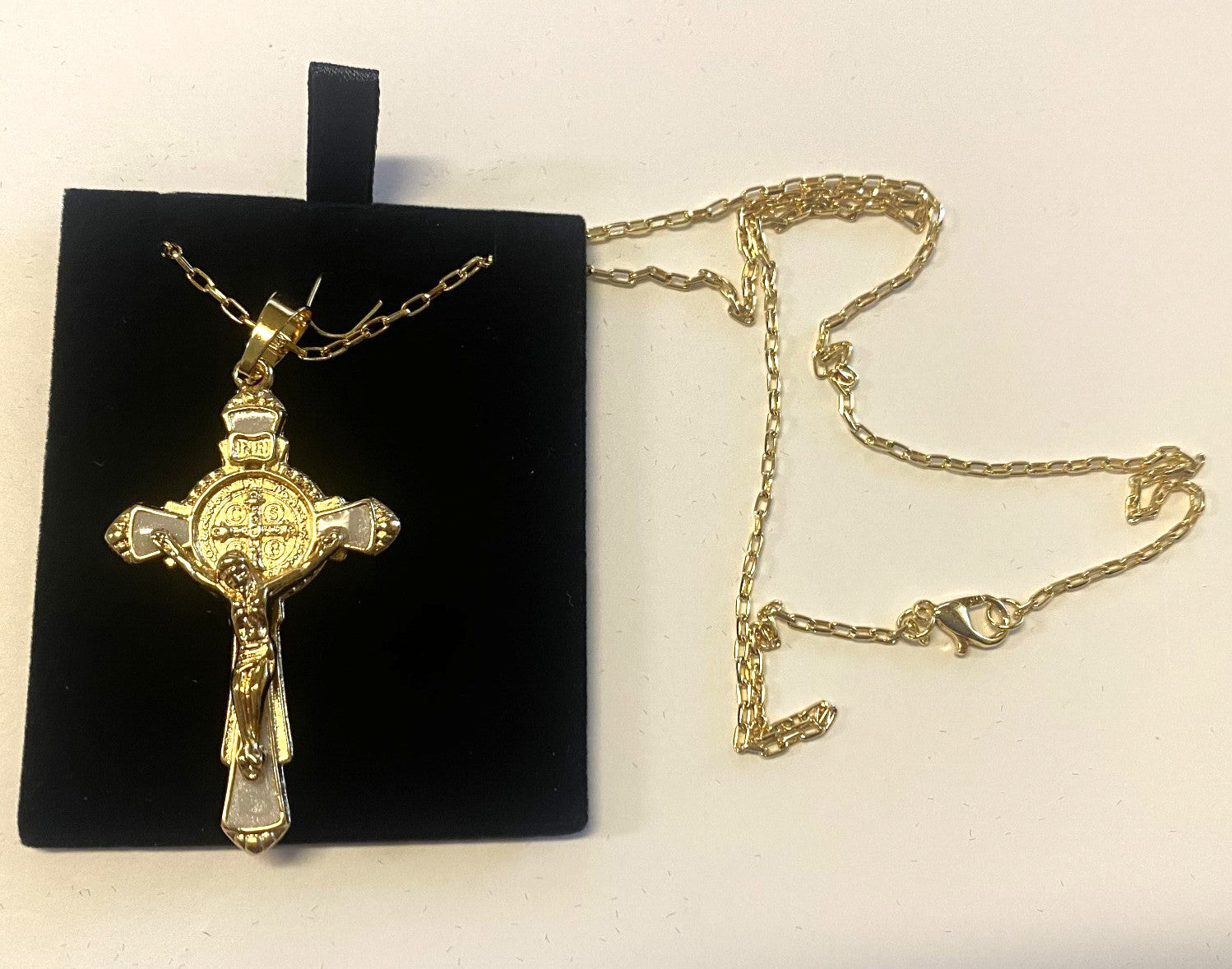 St Benedict 2.00" Crucifix, Brazilian Gold Plated 20" Necklace, New, Gftshp-16 - Journeys of Faith