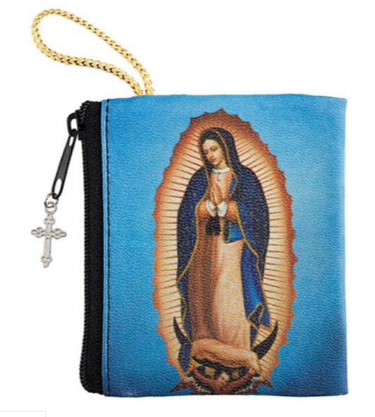 Small Our Lady of Guadalupe zip rosary pouch, 3.25-inch compact handbag for women, unbranded cloth accessory with religious design.