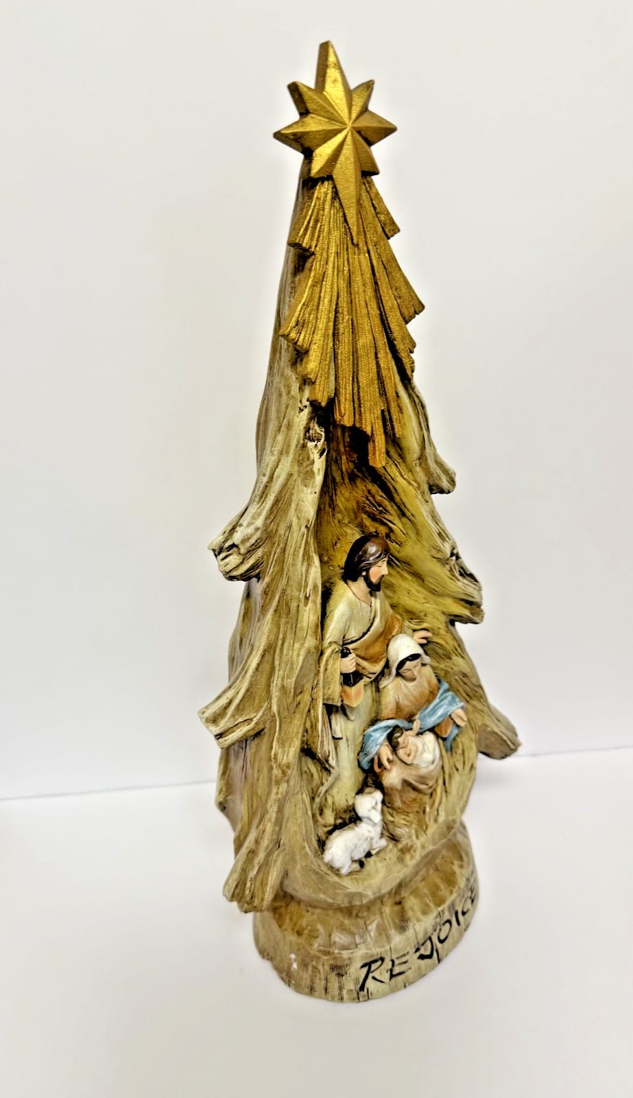 Nativity Tree "Rejoice" collectible holiday decoration, 16.5 inches, featuring nativity scene figures, unbranded seasonal ornament.