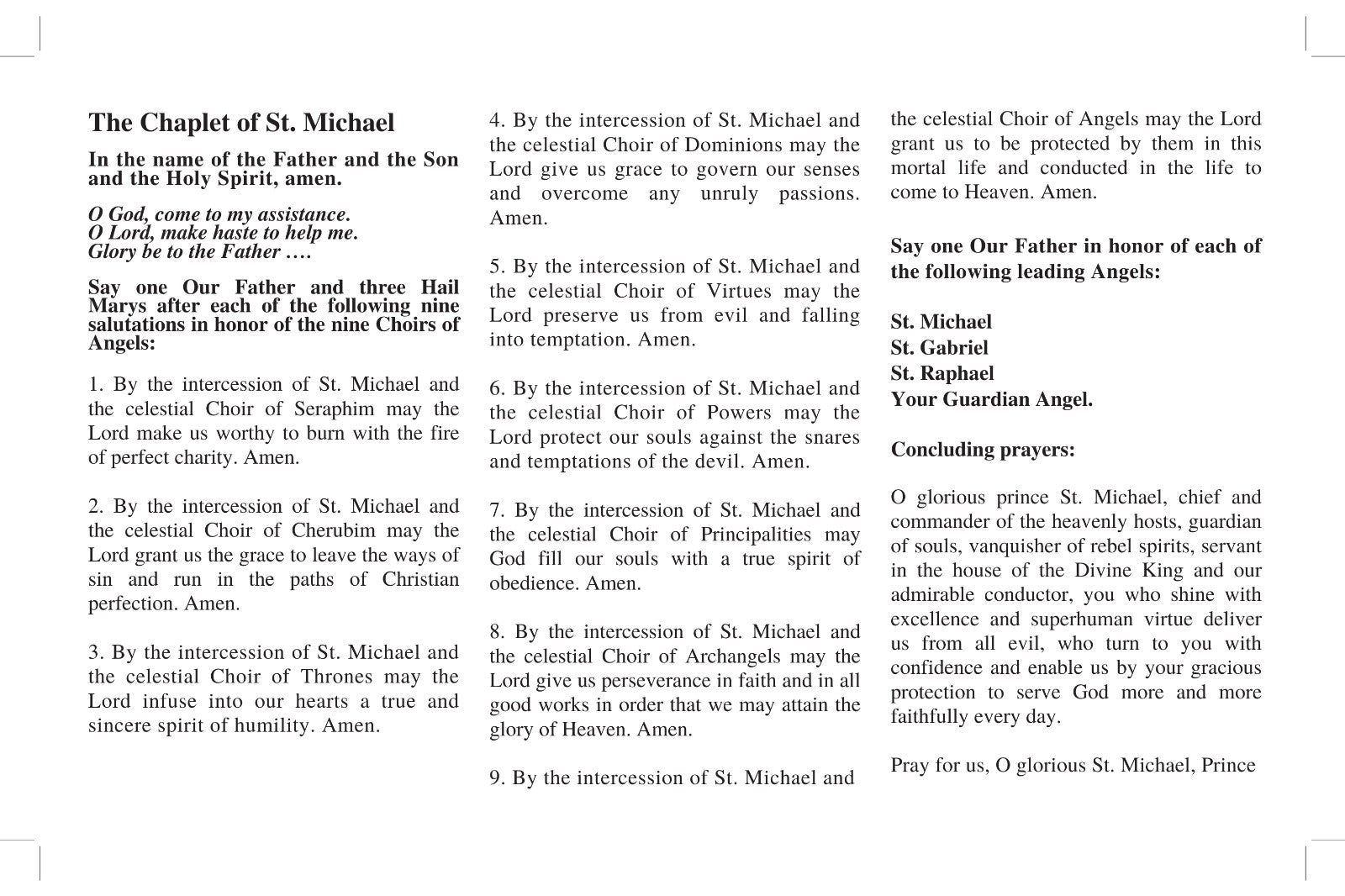 3 Pack Chaplet of Saint Michael & the Nine Choirs of Angels Trifold Prayer Cards - Journeys of Faith