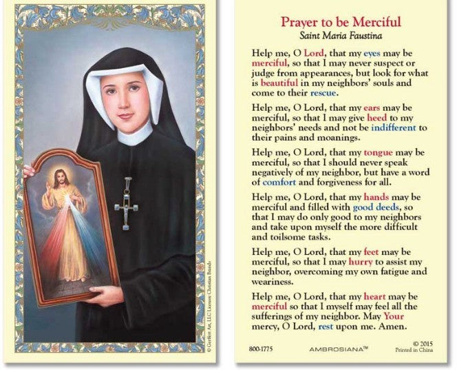 Saint Sister Faustina Laminated Prayer Card, New #PCL-05
